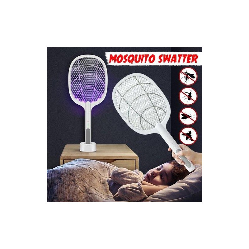 Raquete Mata Mosquito eléctrica 2 em 1 portátil, luz ultravioleta, USB recarregável